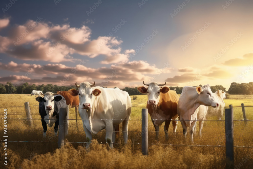 Healthy dairy and beef cows grazing on a lush green pasture, surrounded by picturesque countryside scenery. Organic farming in harmony with nature. AI Generative. Healthy dairy and beef cows grazing on a lush green pasture, surrounded by picturesque countryside scenery. Organic farming in harmony with nature. AI Generative.