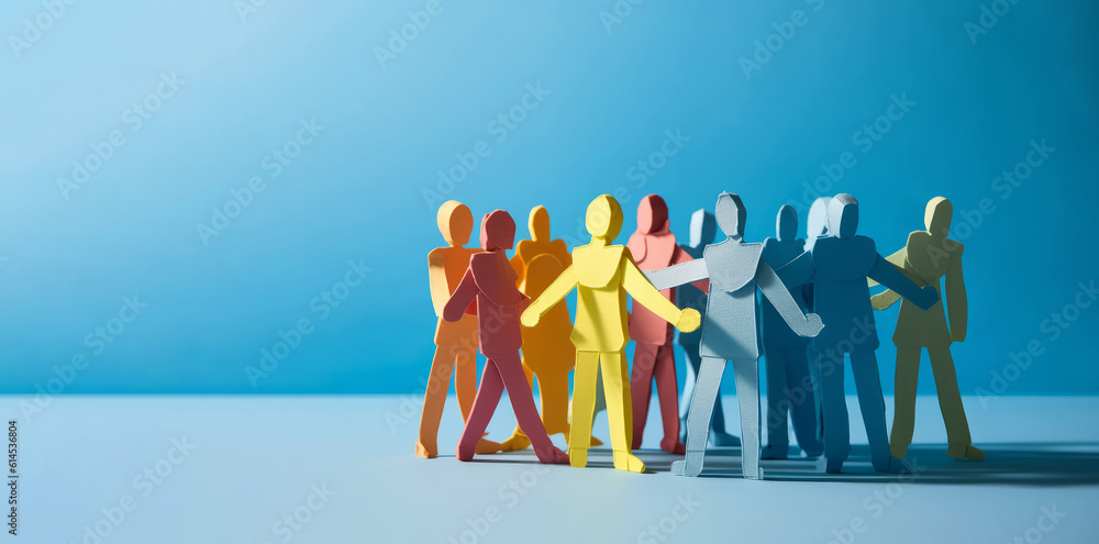 A group of paper people coming together. Community and friendship concept - obrazy, fototapety, plakaty 