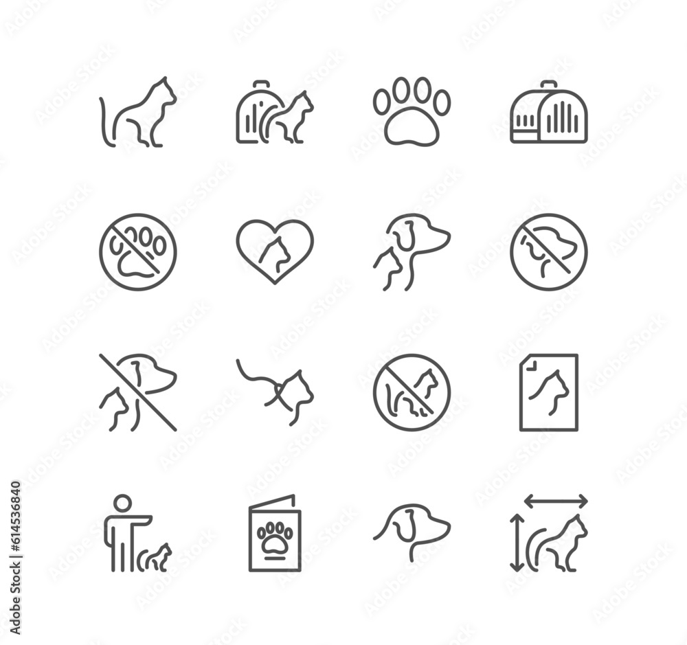 Set of service pet related icons, emotional support cat, pet assistance, restriction sign, pet transportation and linear variety vectors.
