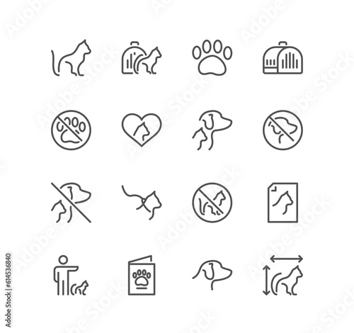 Set of service pet related icons, emotional support cat, pet assistance, restriction sign, pet transportation and linear variety vectors.