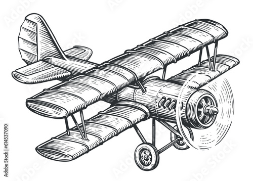 Retro airplane biplane with piston engine. Vintage transport sketch vector illustration