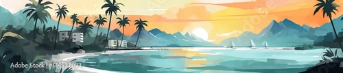 "Serene Beach Panorama With Palm Tree and Sunset" Watercolor Illustration.