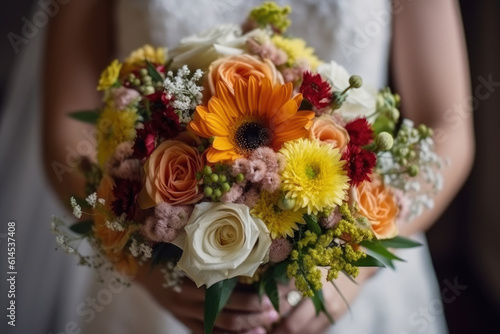 Bride in white dress with wedding bouquet closeup, AI Generated