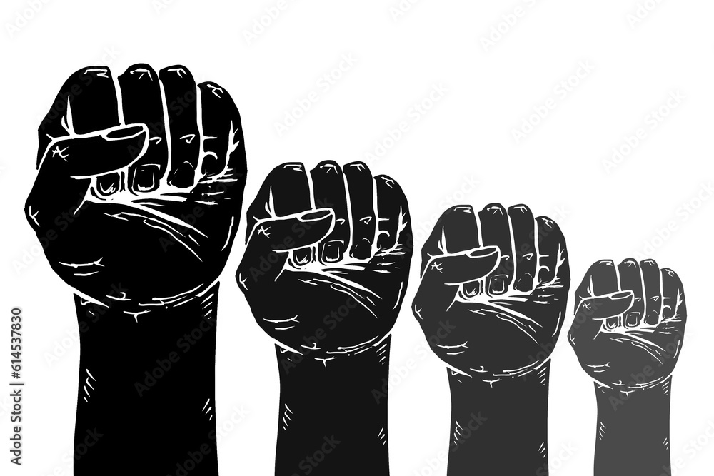 Black Power movement drawing, hands with clenched fists, black hands