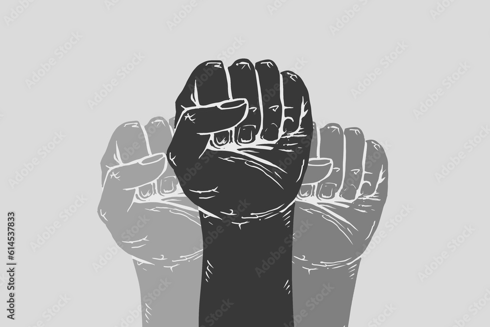 Black Power movement drawing, hands with clenched fists, black hands