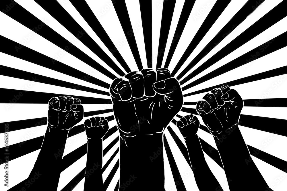 Black Power movement drawing, hands with clenched fists, black hands