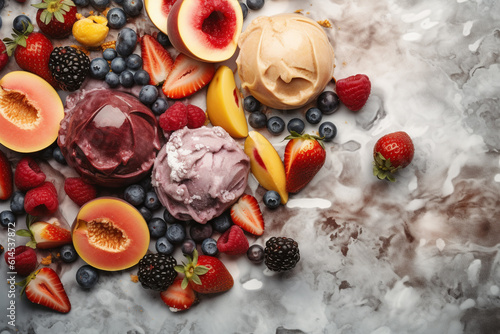 Scoops of different ice cream surrounded by fruits. 