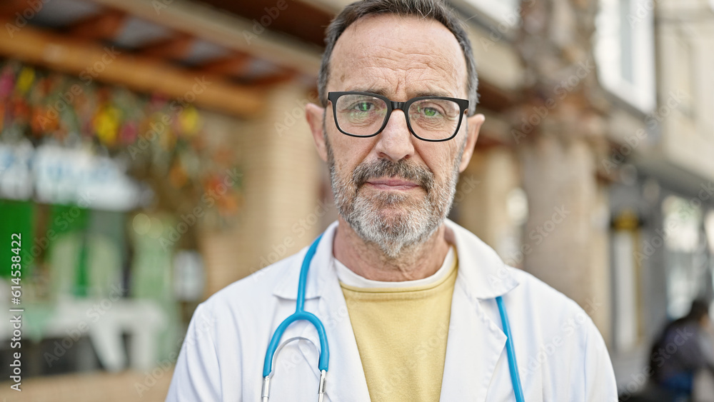 Middle age man doctor standing with serious expression at street Middle age man doctor standing with serious expression at street