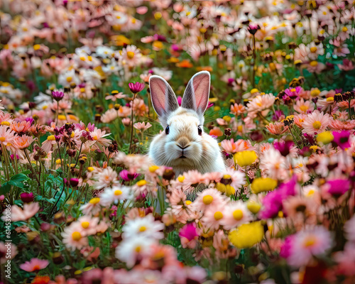 Easter Bunny Hopping Through a Field of Spring Flowers