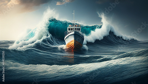 The ship in the ocean, Fantasy artwork of a little boat fighting massive ocean waves