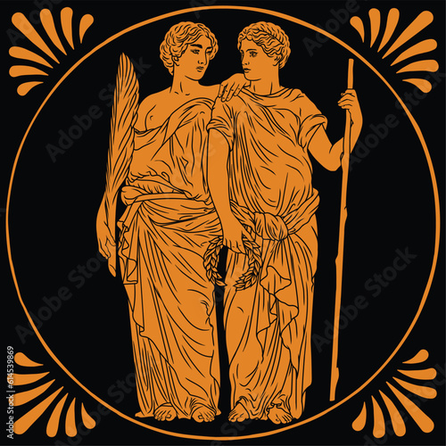 An ancient Greek man in a tunic stands and holds a laurel wreath and a palm branch in his hands and looks at the woman. Male and female figures in a circular pattern