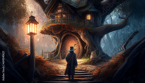 The magician travels amongst the enchanted tree houses illustration © drizzlingstarsstudio
