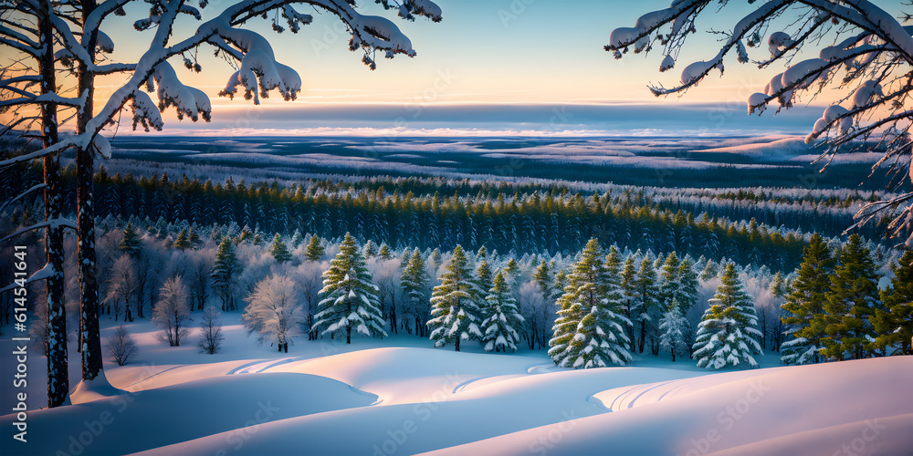 Winter landscape with snow covered fir trees and blue sky. Beautiful Christmas background. Panoramic view. Generative AI technology.