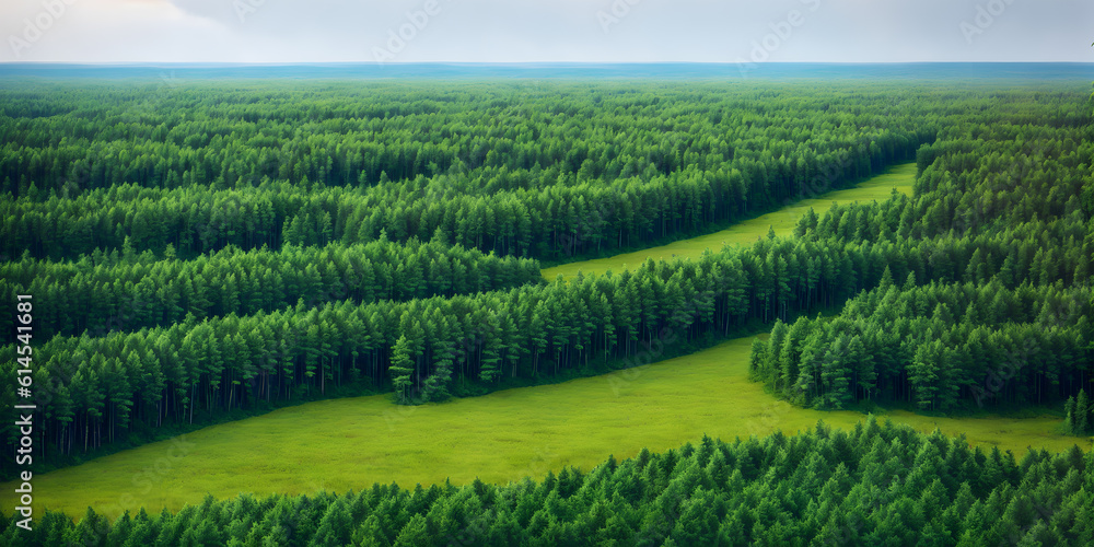 Panoramic view of the river and the coniferous forest. Aerial view of the green forest. Beautiful summer landscape with coniferous forest. Nature landscape. Generative AI technology. Panoramic view of the river and the coniferous forest. Aerial view of the green forest. Beautiful summer landscape with coniferous forest. Nature landscape. Generative AI technology.