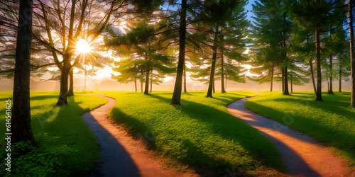 Sunset in the park with path and green grass and trees. Beautiful summer landscape. Generative AI technology.