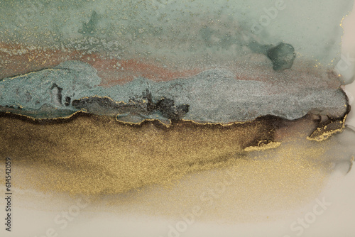 Watercolor and alcohol ink smoke flow stain blot on paper background. Beige, brown, blue and gold neutral colors. Marble texture.
