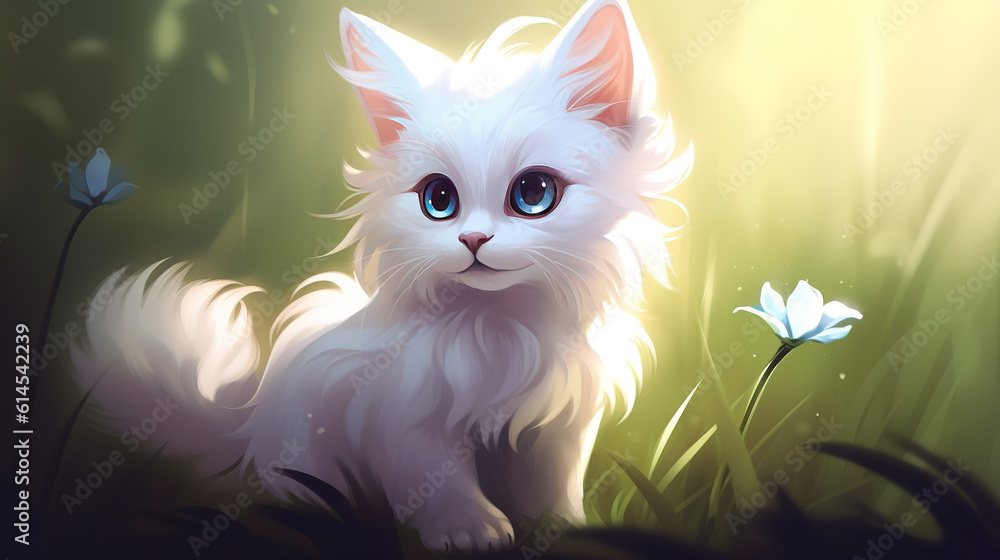 a cute white little cat in the grass with a flower, wallpaper anime style, ai generated image