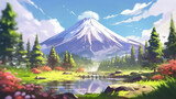 a beautiful illustration of the mountain fuji at a sunny spring time, ai generated image