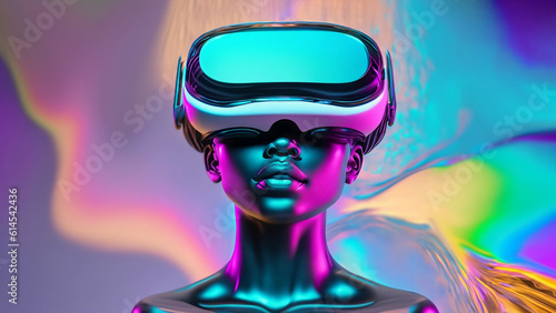 girl in neon vr glasses on holographic liquid background