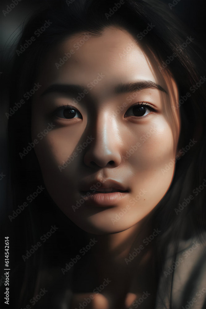 Aesthetic modern portrait of an Asian woman, close-up, picturesque natural light. Ai generative art Aesthetic modern portrait of an Asian woman, close-up, picturesque natural light. Ai generative art