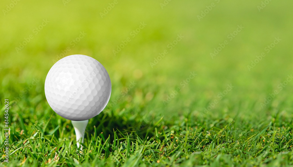 Golf ball on grass in green background. Banner for advertising with copy space. Sport and athletic concept. Golf ball on grass in green background. Banner for advertising with copy space. Sport and athletic concept.