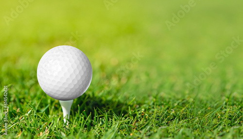 Golf ball on grass in green background. Banner for advertising with copy space. Sport and athletic concept. 