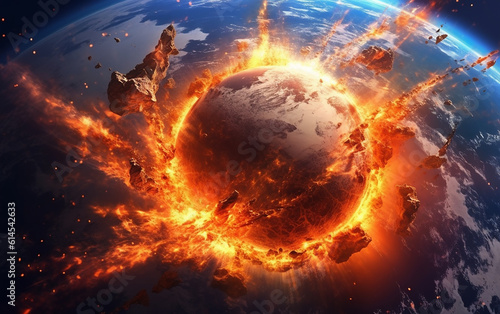 Meteor impact. This image captures the moment when a massive meteorite collides with the Earth, causing the crust to collapse and resulting in a state of utter destruction. The image pr Generative AI