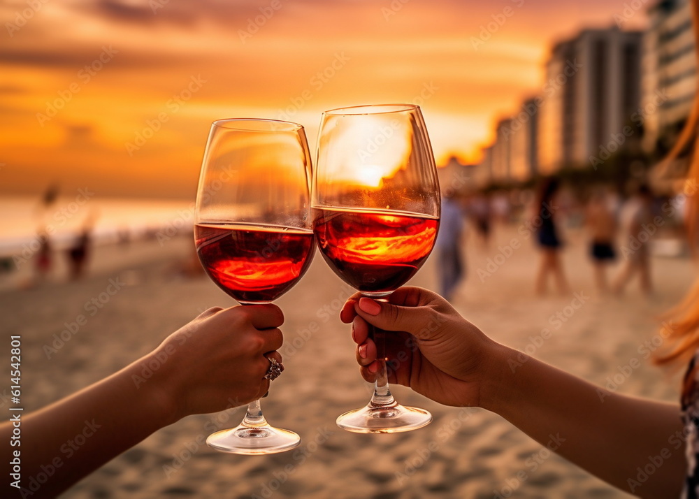  friends hands with glass of wine cheers on enening beach  cafe promenade at  sunset sea summer,generated ai