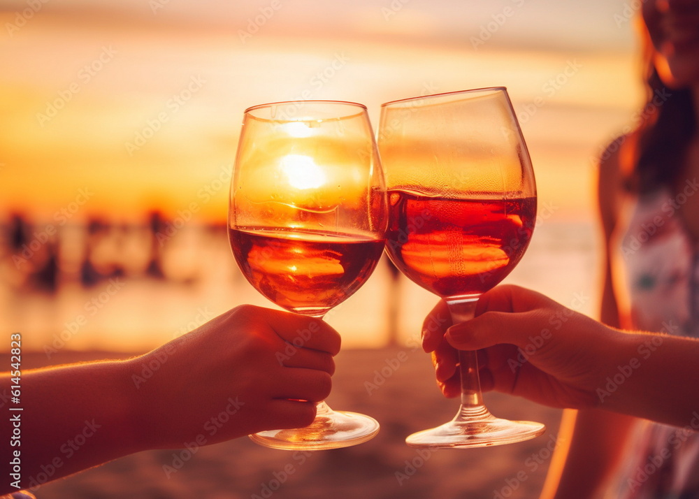 Obraz premium friends hands with glass of wine cheers on enening beach cafe promenade at sunset sea summer,generated ai