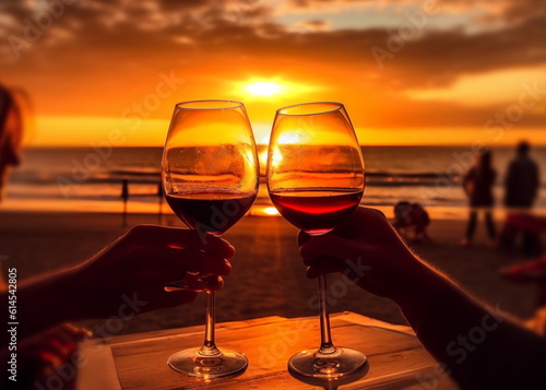  friends hands with glass of wine cheers on enening beach  cafe promenade at  sunset sea summer generated ai