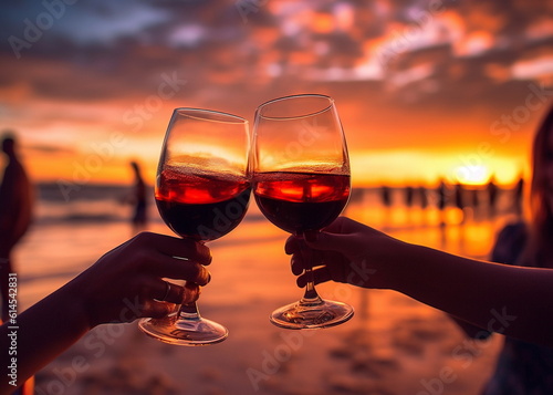  friends hands with glass of wine cheers on enening beach  cafe promenade at  sunset sea summer,generated ai photo