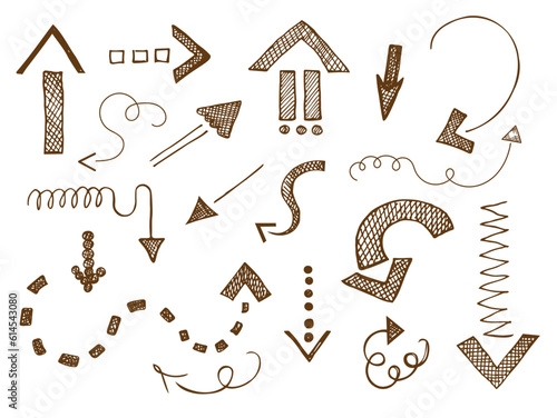 Arrows hand drawn with a marker with hatching. Doodle signs set in many directions moving abstract design art, business design element, template, Isolated white background,  illustration