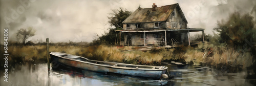 a painting of a boat in the water near a house, Generative AI