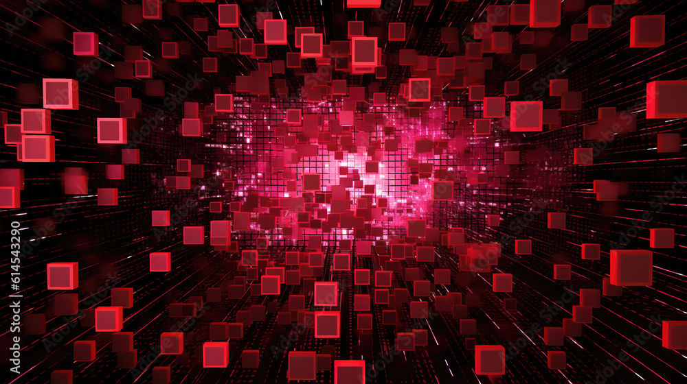 a modern cyberpunk space inspired wallpaper, flying cubes and pixels, ai generated image