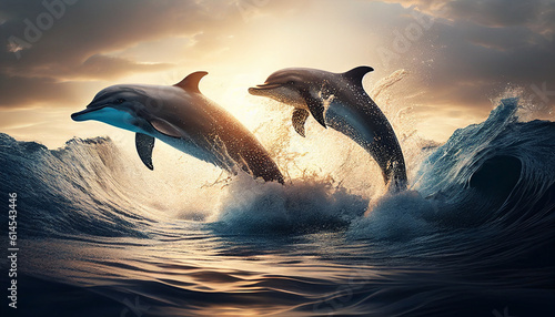 Illustration of jumping dolphins in the water under the sun