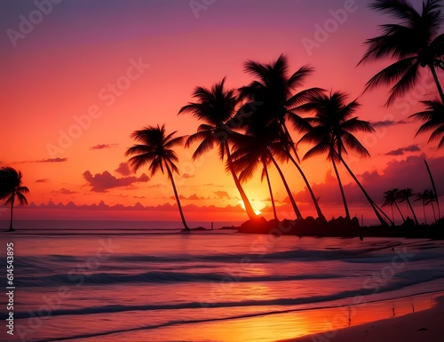 Tranquil Sunset Illustration: Ocean Waves, Orange Glow, Tropical Vacation Vibes (AI-Generated) © Deka