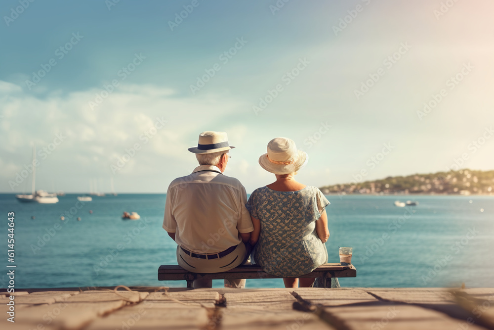 portrait of two aged people ,grey haired man and woman,couple on holidays