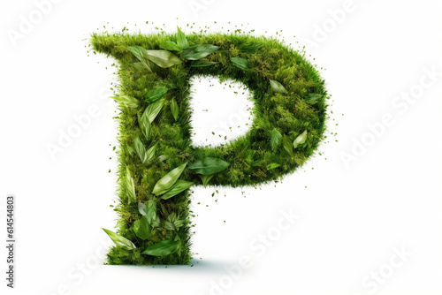 A letter p with grass on a white background, eco text effect, isolated letter with grass effect high quality