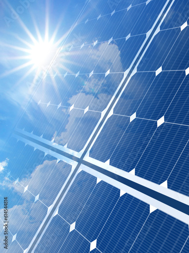 solar panels on blue sky and sun
