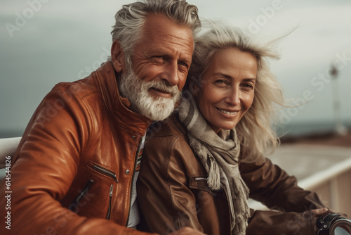 portrait of two aged people ,grey haired man and woman,couple on holidays
