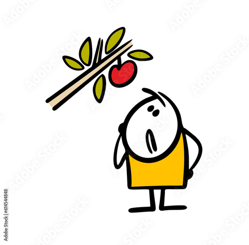 Brooding cartoon guy stands at the bottom and looks up at a ripe apple high on a branch. Vector illustration of a hungry stickman and a juicy fruit on a tree.