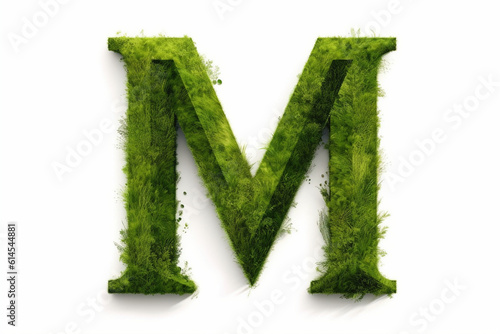 A letter m with grass on a white background, eco text effect, isolated letter with grass effect high quality