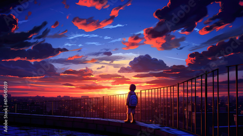a calm lofi inspired anime wallpaper of a girl watching the sunset, ai generated image