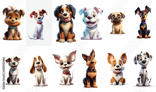 Set of portraits with cute cartoon puppies on white background AI generated