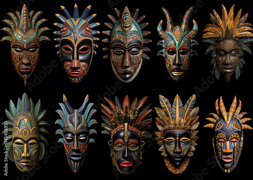 Set of African tribal ritual masks isolated on black background AI generated