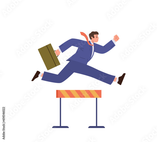 Motivated business man character rushing jumping over hurdle, overcoming obstacles isolated on white