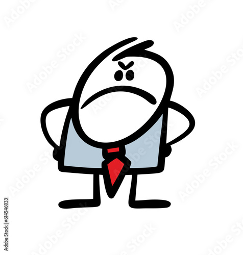 Very angry stickman businessman in business suit frowned and looked sternly. Vector illustration of boss dissatisfied with subordinate at work.