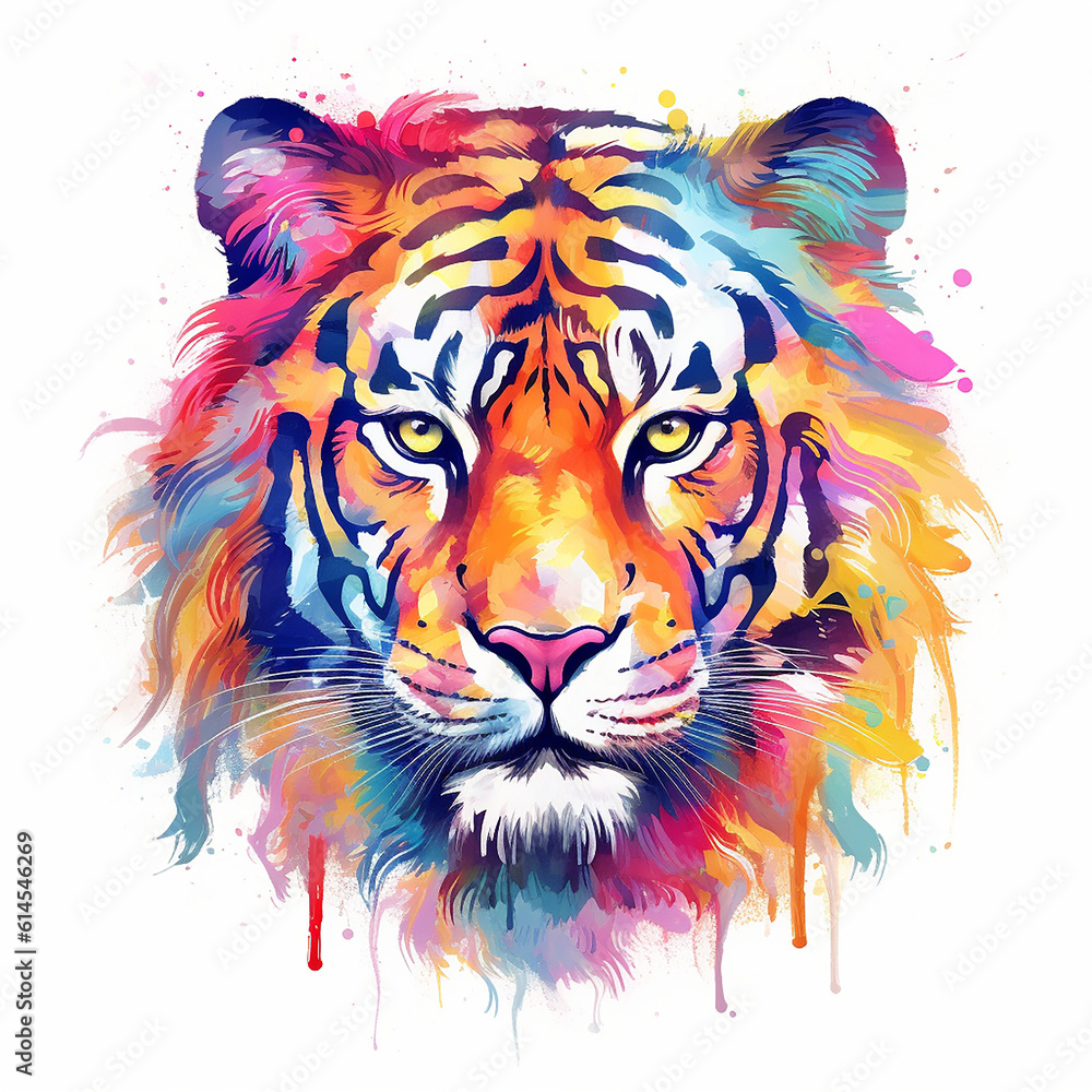 ILLUSTRATION OF A COLORFUL TIGER WITH VIBRANT BRIGHT COLORS AND MAKE IT VERY ARTISTIC, WHITE BACKGROUND