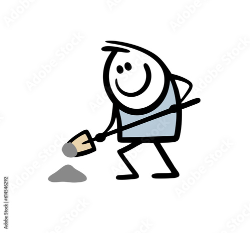 Male gardener stands with shovel in the garden and digs the ground for planting fruit tree. Vector illustration of a stickman at work.