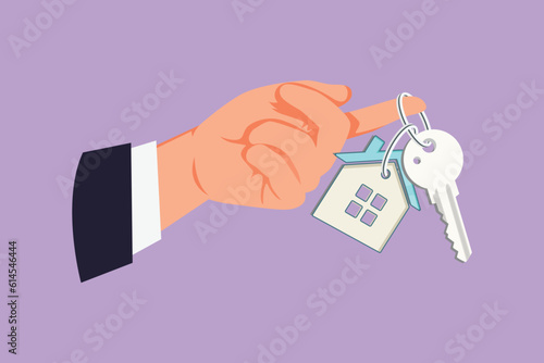 Cartoon flat style drawing hand hold a key of house or apartment symbol. Real estate. Man hand holding key from house isolated on blue background. Buying the house. Graphic design vector illustration